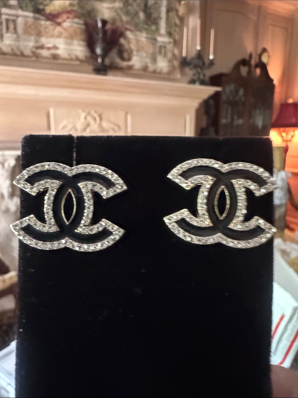 Earrings - Crystal Double C Stud Earrings in Black and Silver